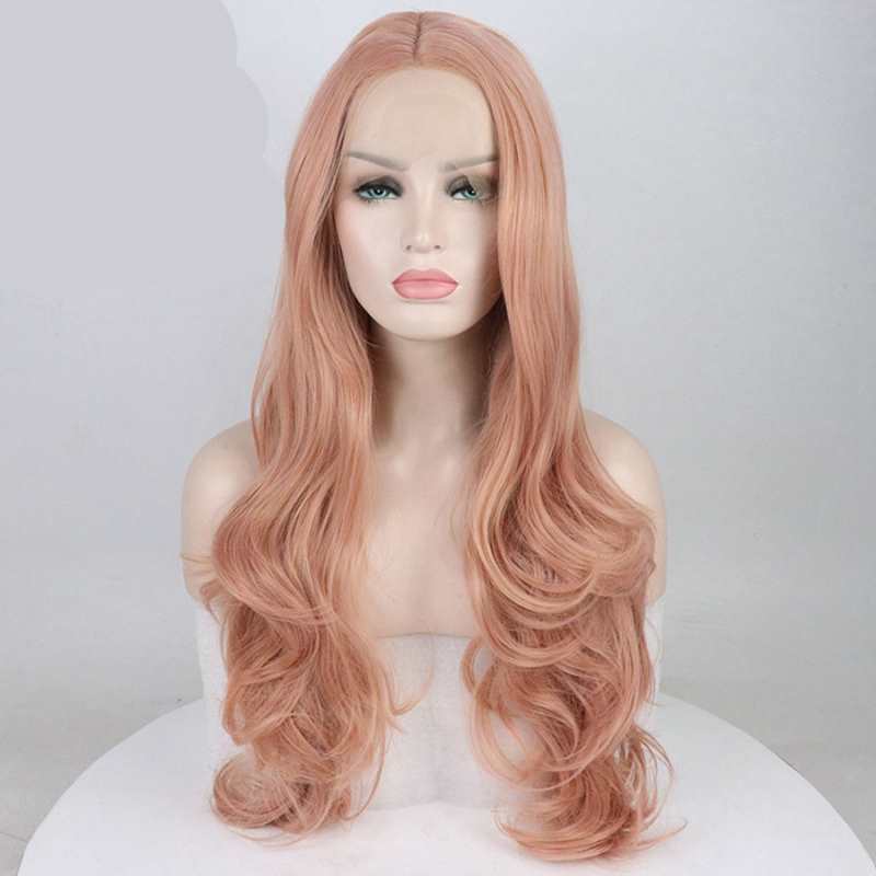 Rozowe syntetyczne peruki do wlosow z naturalna linia wlosow dlugie peruki typu Body Wave z przodu koronki bez kleju Hair