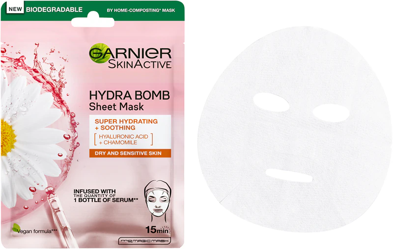 Máscara facial em tecido Hydra Bomb da Garnier, intensamente hidratante e suavizante para pele seca e sensível.