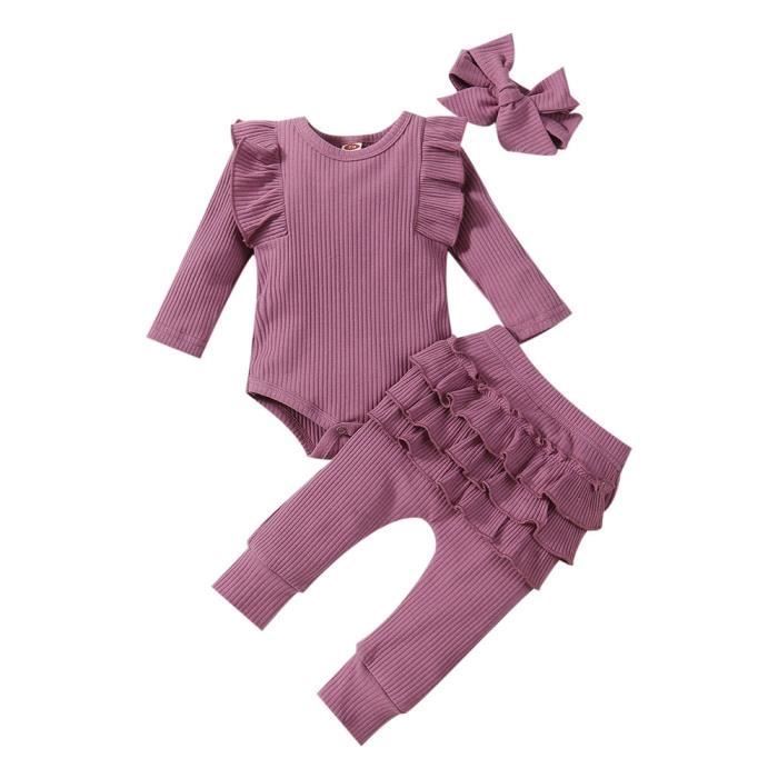Ensemble de vêtements 3 pièces pour bébé fille à volants en dentelle en coton body + pantalon + bandeau Violet