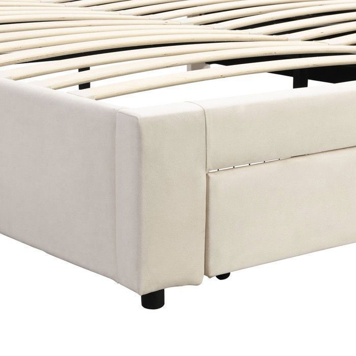 Lit coffre double 180x200cm en velours avec grand tiroir, Décor avec boutons, Sommier à lattes inclus, Style scandinave, Beige
