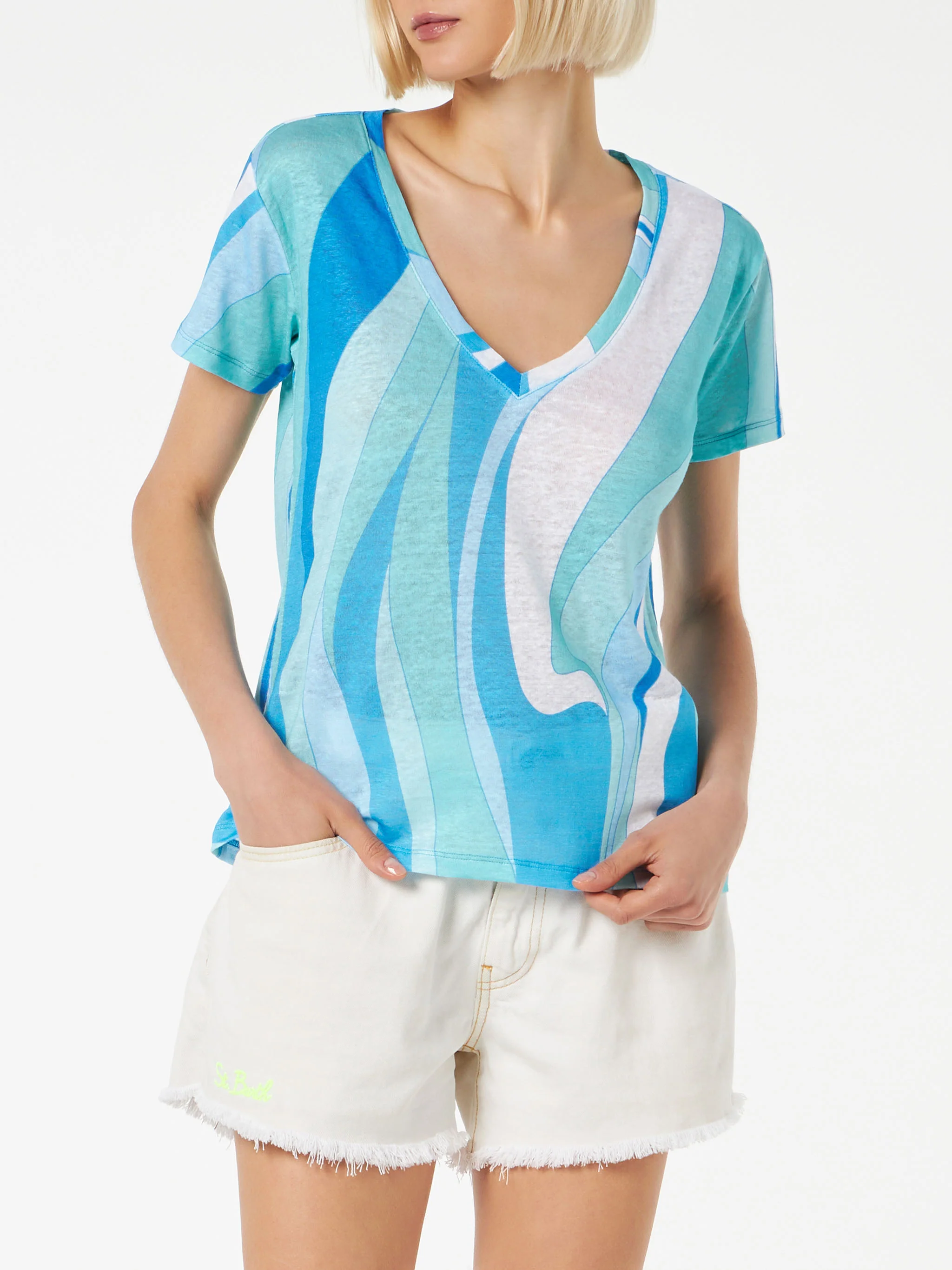Dames T-shirt van linnen met golfprint