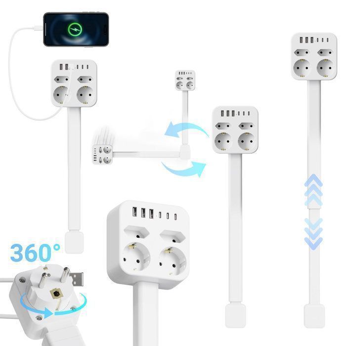 Skjøteskinne med 4 uttak, 3 USB-A og 3 USB-C, 45–65 cm uttrekkbar kabel, 360° rotasjon