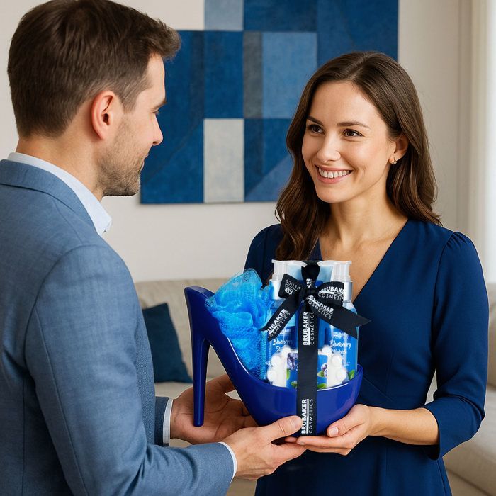 BRUBAKER Cosmetica - Bad- en beautyset - Bosbes - 6-delig - Decoratieve pomp - Blauw - Cadeau-idee voor vrouwen