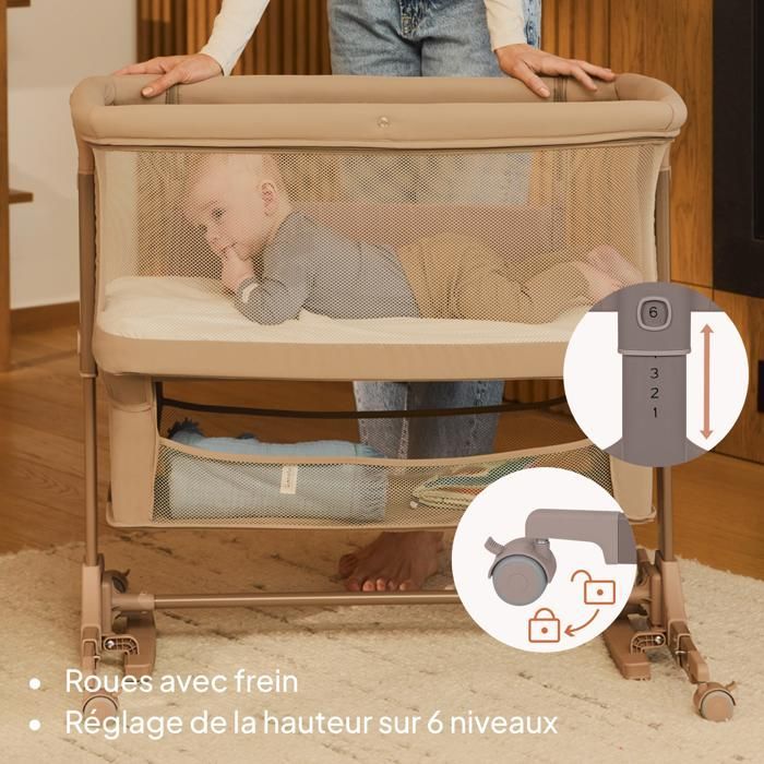 Lit bébé cododo 3en1 LIONELO Jodie - Berceau - Réglable en hauteur et inclinaison - Matelas haute densité - Beige