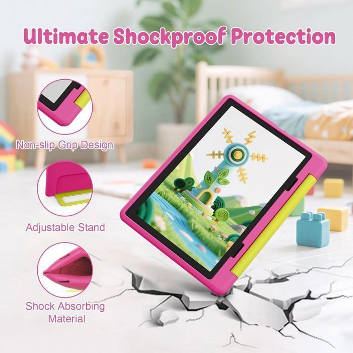 Tablette Enfant 10'' Android 15, 64Go ROM Extensible à 1To, Contrôle Parental, inclut Clavier, Stylet et Étui de Protection, Rose