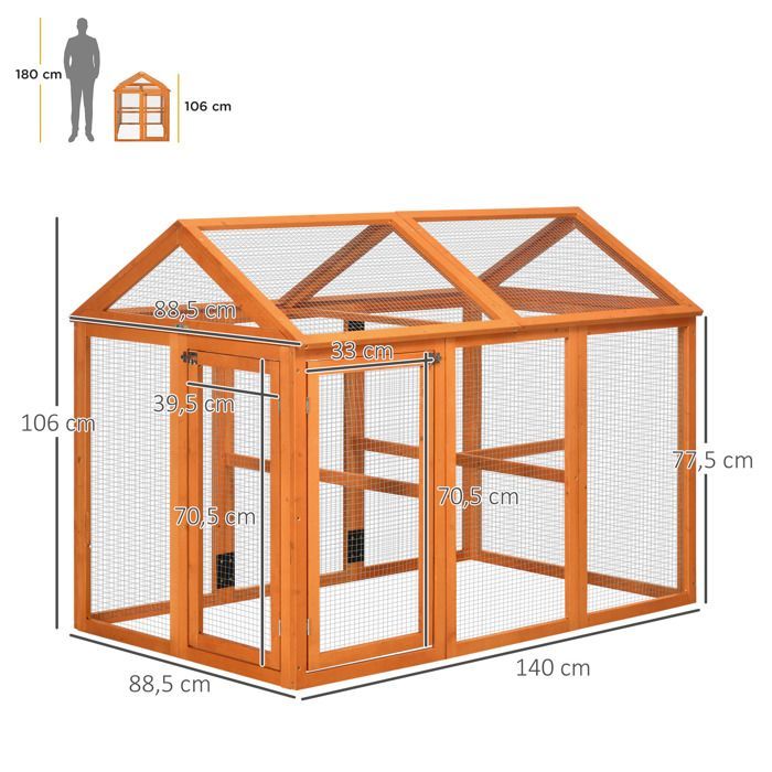 Enclos poulailler en bois - PawHut - parc grillagé - 140 x 88,5 x 106 cm - orange