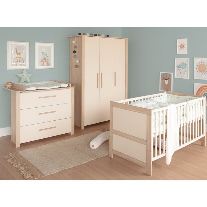 Conjunto de dormitorio convertible para bebé ROBA Momo - Cuna de 70x140cm + cambiador de 3 cajones - Beige cachemir - Roble Tristan