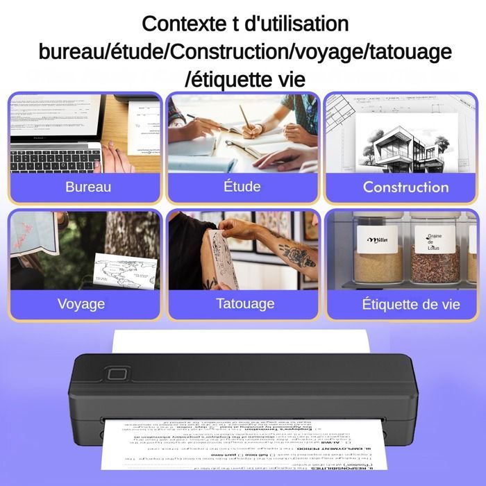 Imprimante Thermique A4 (210*297mm)，Imprimante Bluetooth portable sans encre, adaptée à l'impression de documents et de tatouages