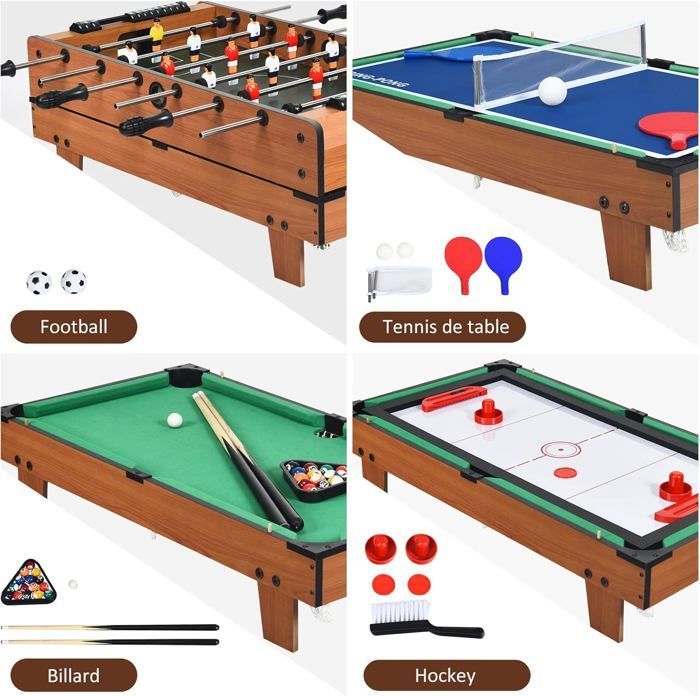 Mesa multijuegos GOPLUS, mesa de juegos combinada 4 en 1 con accesorios, mesas de billar apilables, tableros de hockey de aire, para uso interior/exterior.