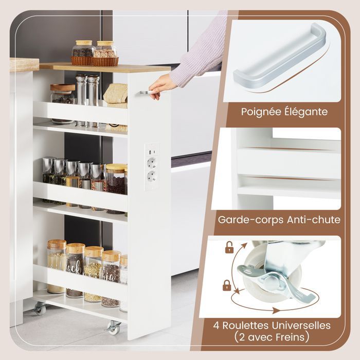 GIANTEX Desserte de Cuisine Étroit à Roulettes- 47,5x20x80,5cm- Station de Charge- Chariot de Service à 4 Niveaux- Blanc + Naturel