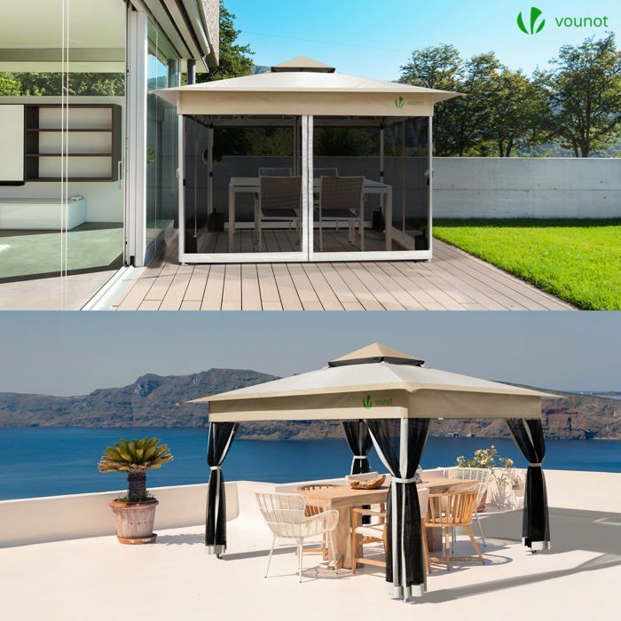 Cenador de jardín plegable VOUNOT® de 3,6 x 3,6 m con fácil montaje y mosquitera, color beige.