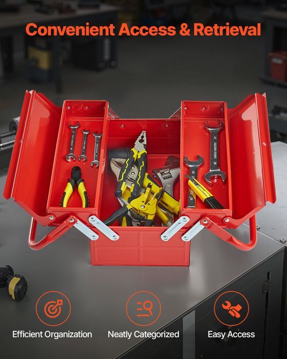 Boîte à Outils Métal 355,6 mm-VEVOR-Caisse à Outils 2 Niveaux, Organisateur Coffre Outils Pliable 2 Plateaux, Couvercle Rabattable
