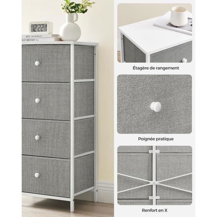 Cómoda de dormitorio de tela con 4 cajones, columna de almacenamiento, estructura metálica, gris claro y blanco.