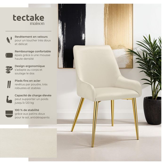 Chaises - TECTAKE - Lot de 4 chaises rembourrées style scandinave AVANE aspect velours forme ergonomique et dossier haut - Beige