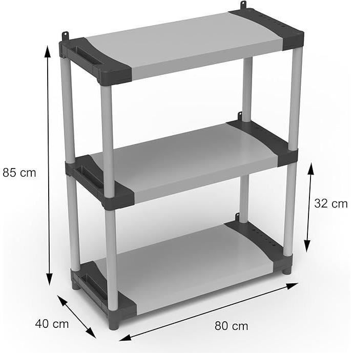 Estante de plástico - TOOD - 3 prateleiras - Capacidade de carga de 80 kg por prateleira - 80x40x85 cm - Preto/cinza