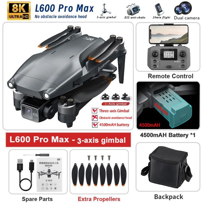 Nieuwe L600-PRO-MAX 5KM 4K professionele HD GPS-drone met dubbele camera, 3-assige gimbal en 360° borstelloze quadcopter-speelgoed om te vermijden