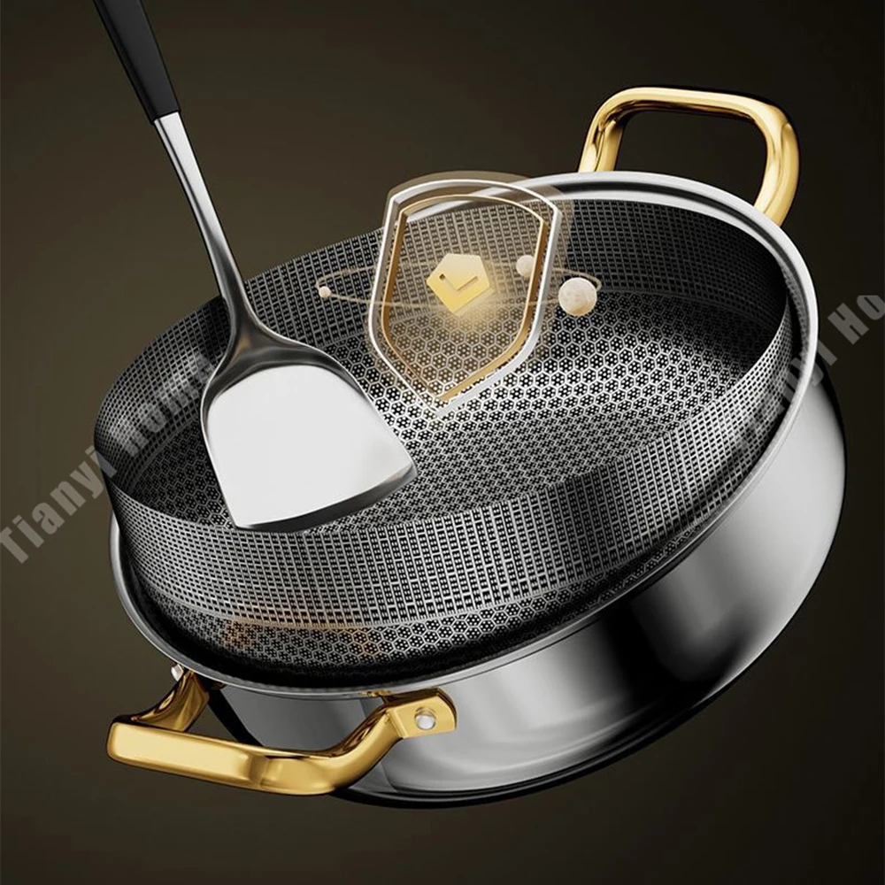 Marmite en acier inoxydable 410, revêtement antiadhésif alvéolé, couvercle inclus, compatible avec les plaques à induction, les cuisinières à gaz et toute autre poêle à frire.