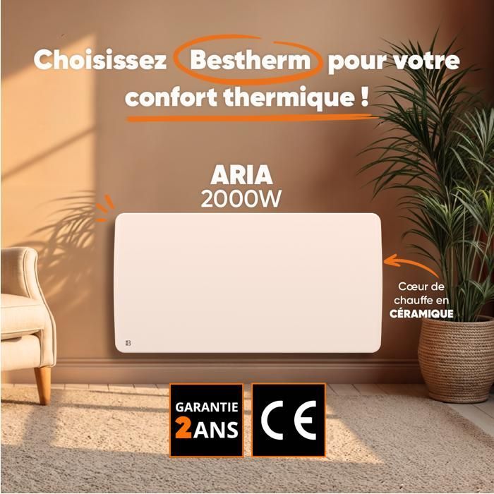 Radiador eléctrico fijo de cerámica de inercia seca - BESTHERM - ARIA 2000W - blanco horizontal