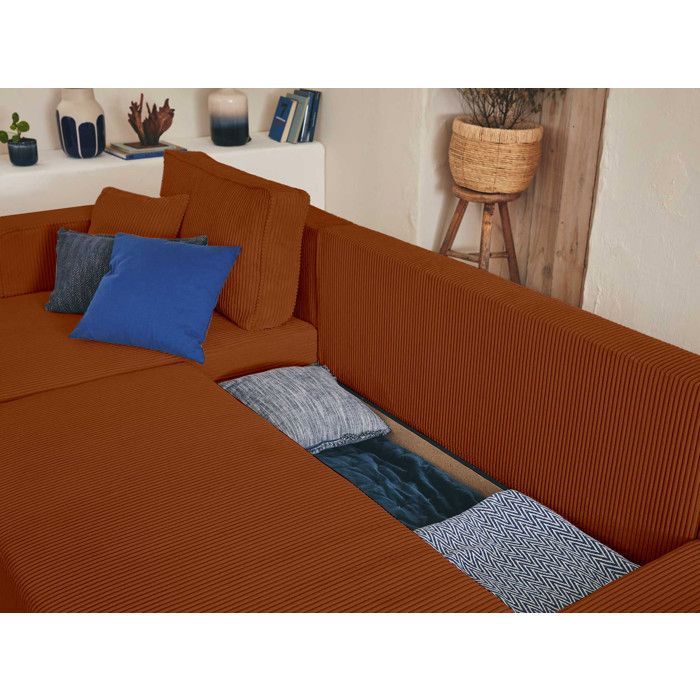 Topaze - U-shaped panoramic sofa - 7 seats - convertible with storage - in corduroy - Terracotta