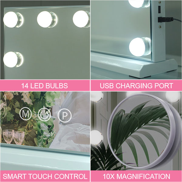 Matteo Hollywood Schminkspiegel mit 14 dimmbaren 3-Farben-LED-Lampen und Touch-Funktion