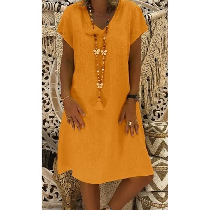 Vestido largo de mujer con escote en V, largo medio, de marca de diseñador, manga corta, vestido de verano, color naranja liso.