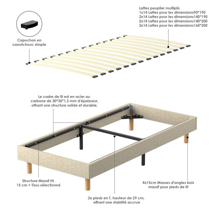 Base de cama tapizada, 90x190cm, robusta y cómoda. Cama de 90*190cm, 1x14 listones, 6 patas, altura del armazón 29cm, beige.