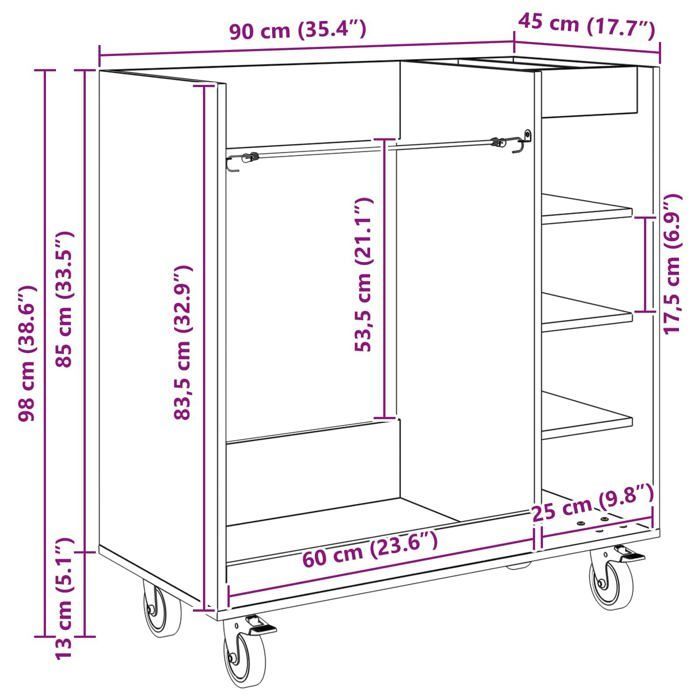 Modern golf locker - vidaXL - Handcrafted oak - 90x45x98 cm - Large storage space - 4 wheels - Metal frame
