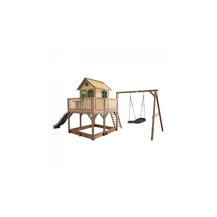 Casita de juegos infantil AXI Liam con arenero, columpio nido de pájaro negro y tobogán gris | Zona de juegos al aire libre en color marrón