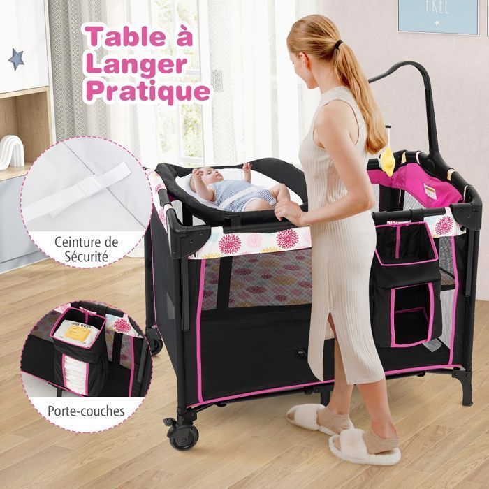 DREAMADE Lit Parapluie Bébé Pliable 3 en 1 avec Table à Lange & Matelas Réglable en Hauteur,avec Jouets,Panier de Rangement