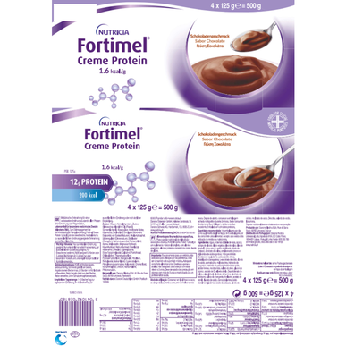Fortimel-pakkaus kermaproteiini-suklaavalmiste, korkea energia- ja proteiinipitoisuus, 4 x 125 g, 4 x 125 g