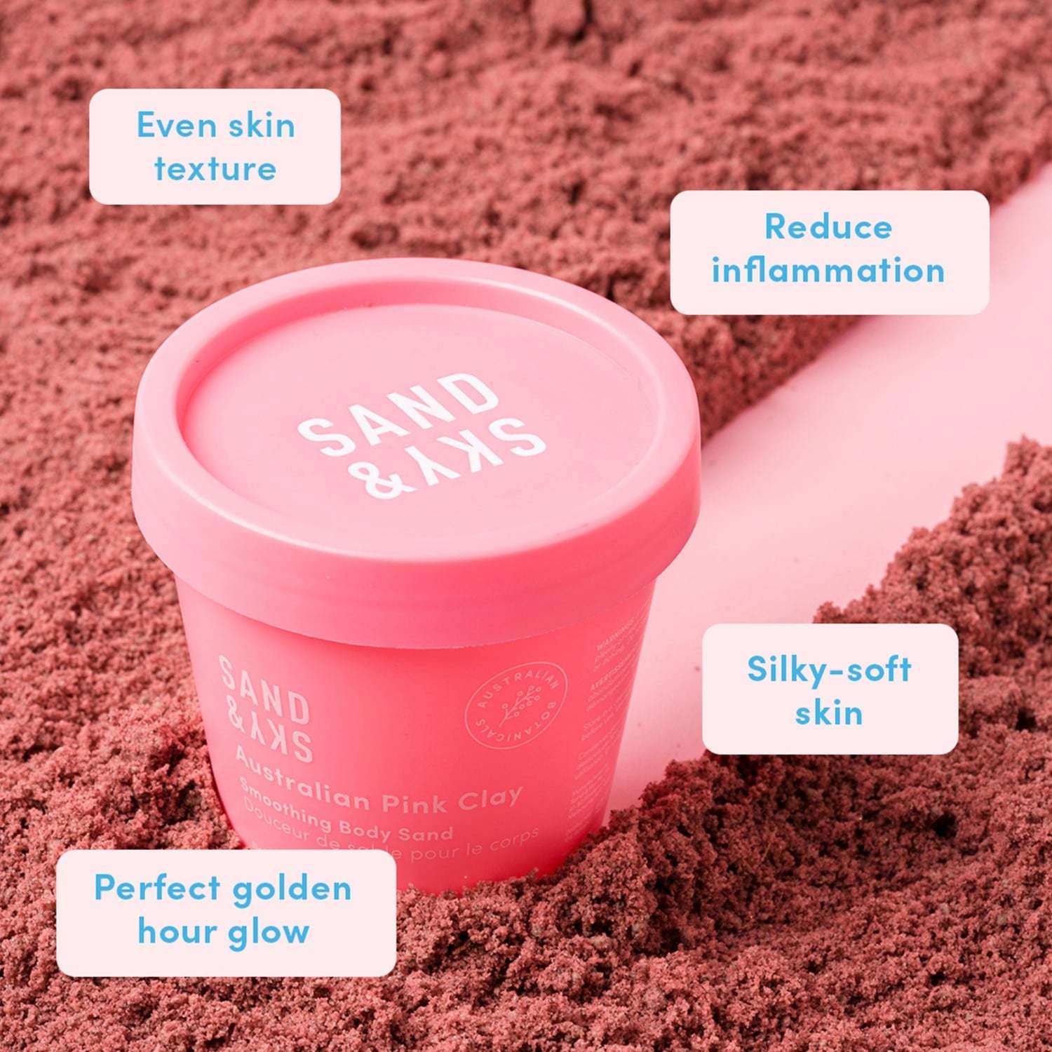 Sand & Sky ķermeņa skrubis ar Austrālijas rozā māliem – izlīdzinošas ķermeņa smiltis – 180 g