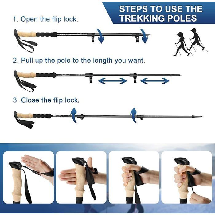 Bastones telescópicos de aluminio, bastones ultraligeros ajustables para marcha nórdica para mujer, senderismo y trekking, color negro.