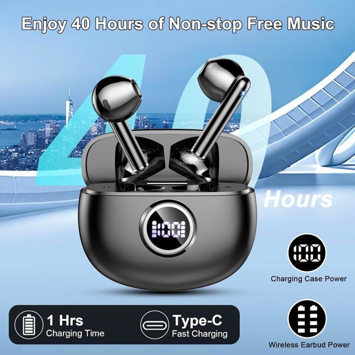 Auriculares inalámbricos Bluetooth, auriculares Bluetooth 5.3, auriculares Bluetooth estéreo HiFi, auriculares inalámbricos con cancelación de ruido y micrófono, 40 horas de reproducción.