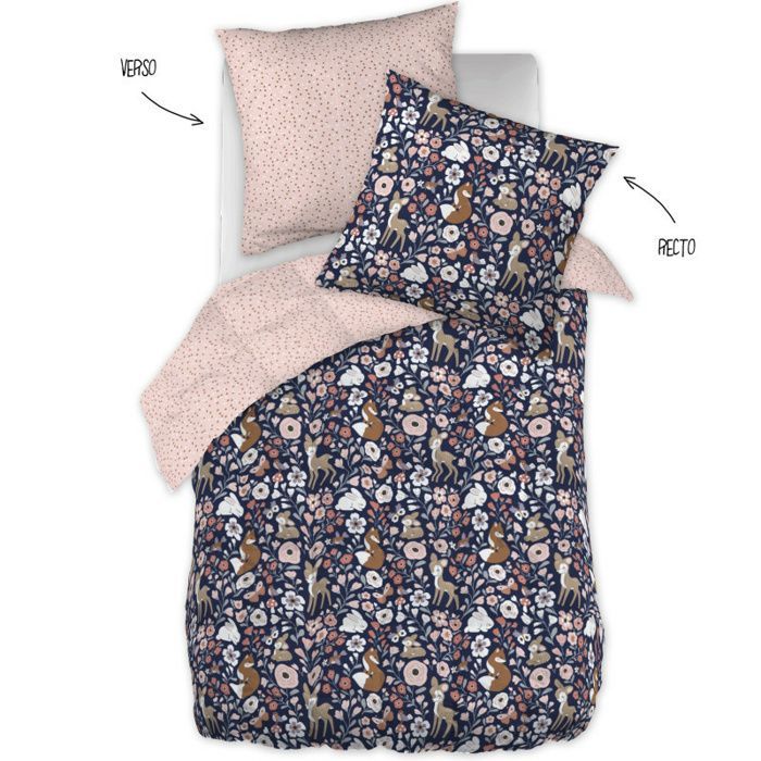 Edredón estampado de 200 x 200 cm + 2 fundas de almohada de 60 x 60 cm – Algodón Bosque Encantado