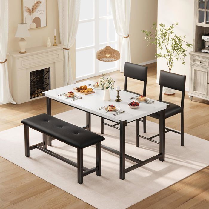 Salle a manger complete - Table cuisine et 2 chaises avec 1 banc - industriel - pour cuisine,Salle a manger Marbre BLANC