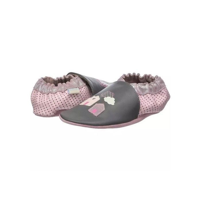Baby leather slippers - ROBEEZ - Home Sweet Home - Grey - Flat heel - Elastic cord
