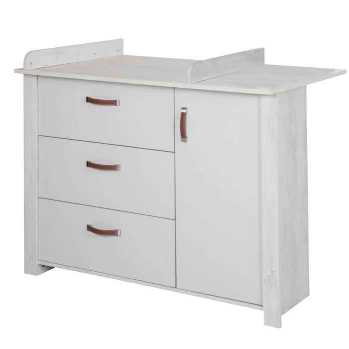 Commode à Langer ROBA Mila - 3 Tiroirs + 1 Porte - Poignées en Similicuir - Gris Clair / Chêne Blanchi