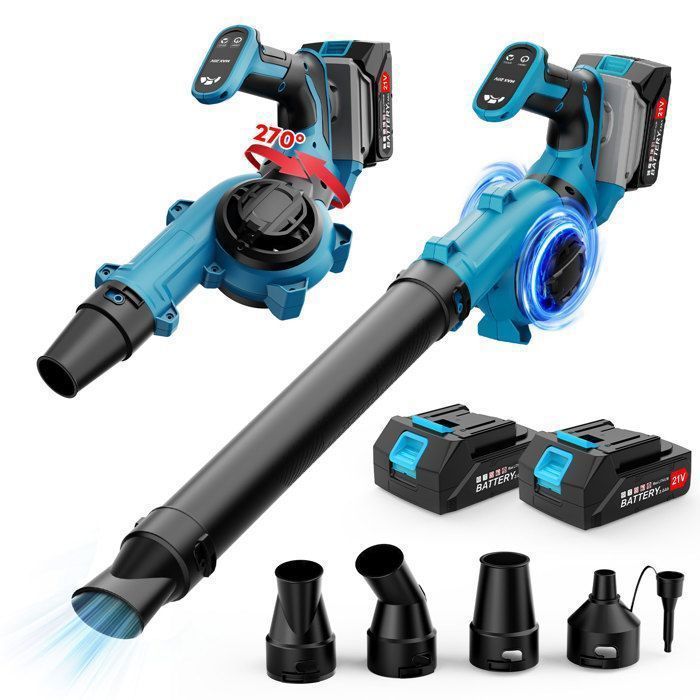 Soplador de hojas inalámbrico TANBABY 260 km/h – 2 baterías de 21 V 3000 mAh, mango de 270°, 4 boquillas, 1,3 kg