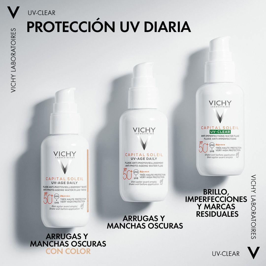 „Capital Soleil UV Clear SPF50“ apsauginis skystis nuo odos defektų Apsaugos nuo saulės vaistinė