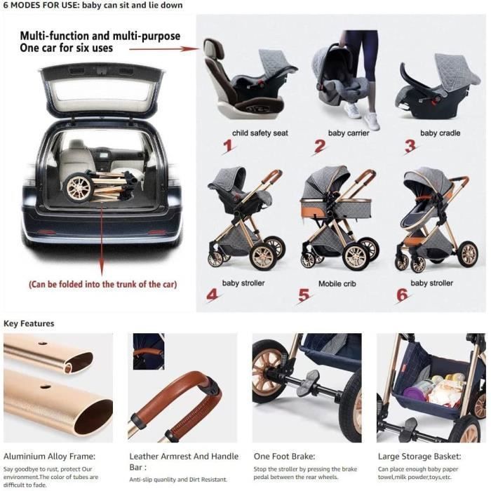 Poussette 3 en 1 Bébé Combinée Siège-Auto Nacelle Trio Réversible Réglable Haute Qualité Roues increvables Canne bleu bazarland30