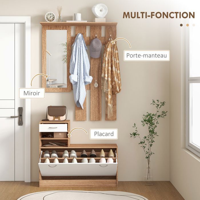 Hallway unit with coat rack panel, mirror and shoe bench - 6 hooks and adjustable shelf