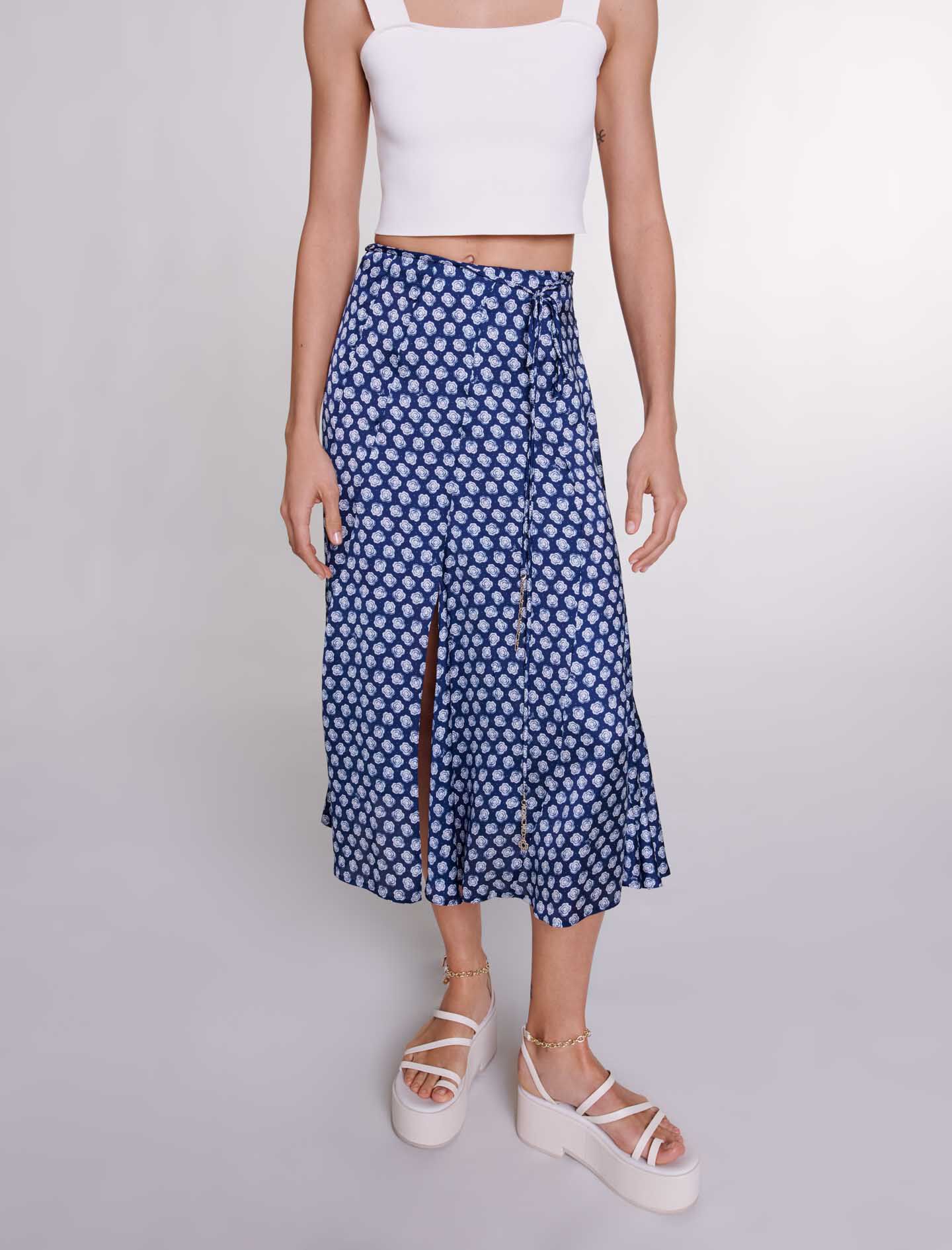 Satijnen midi-rok - Clover marine/ecru