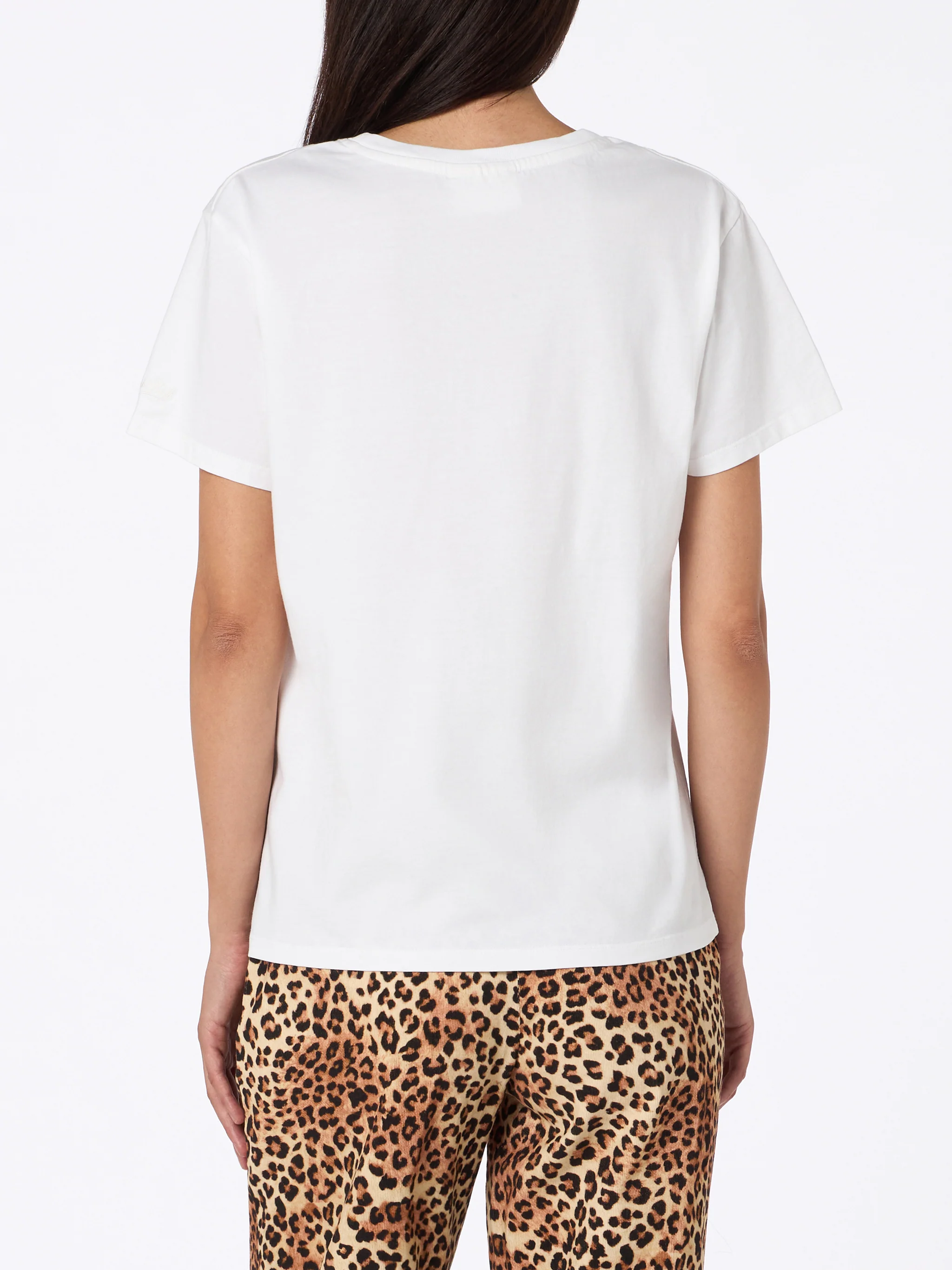 Emilie dames T-shirt met ronde hals, wit, van katoenen jersey, met borduurwerk