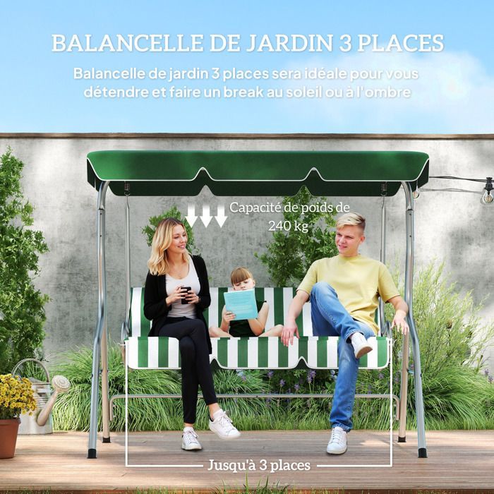 Columpio de jardín Outsunny - 3 plazas - toldo con inclinación ajustable - estampado de rayas - con cojines para asiento y respaldo - verde
