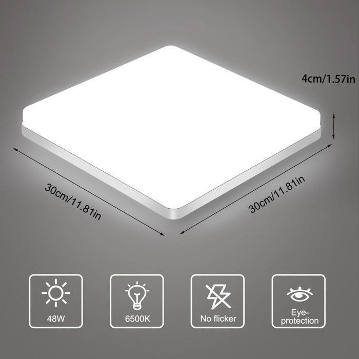 Lámpara de techo LED Dorlink de 48 W y 5400 lúmenes - Luz blanca de 6500 K - Cuadrada e impermeable para baño, sala de estar, cocina y dormitorio.