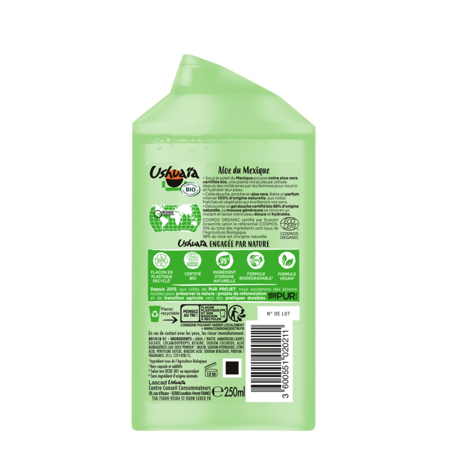 Ushuaïa Douche Désaltérante Gel d'Aloe du Mexique Bio