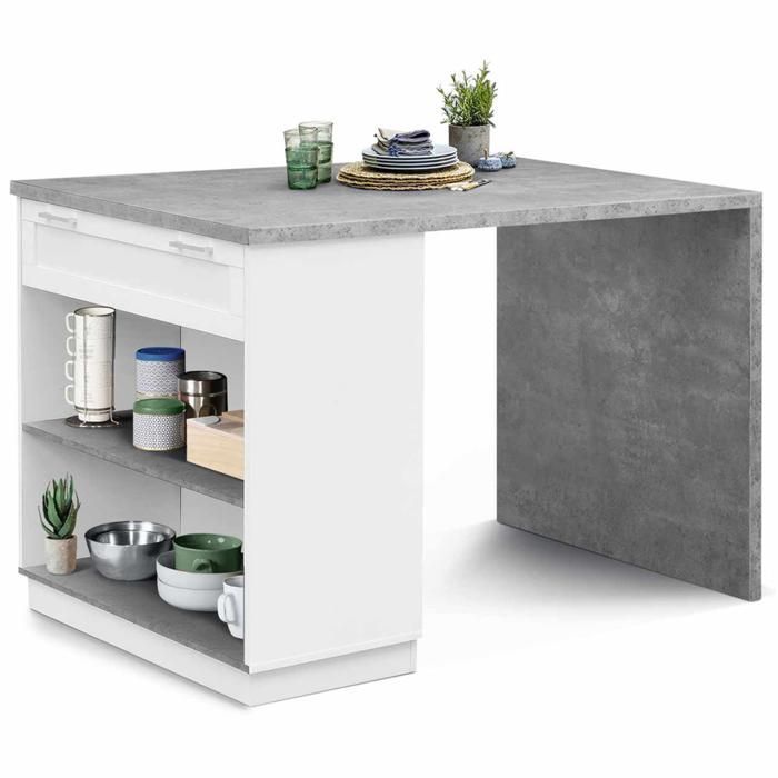IDMARKET VITO 130cm White Standing Kitchen Island with Concrete Effect Top, 4-Person Bar Table, White Finish