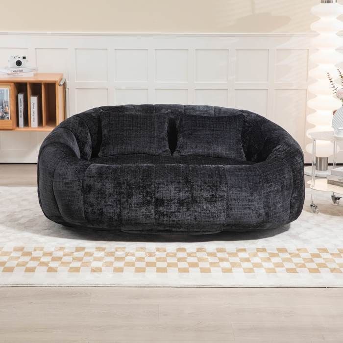Sofá puf de 2 plazas LEMONBEST 150×95×63 cm - Chenilla negra, espuma viscoelástica