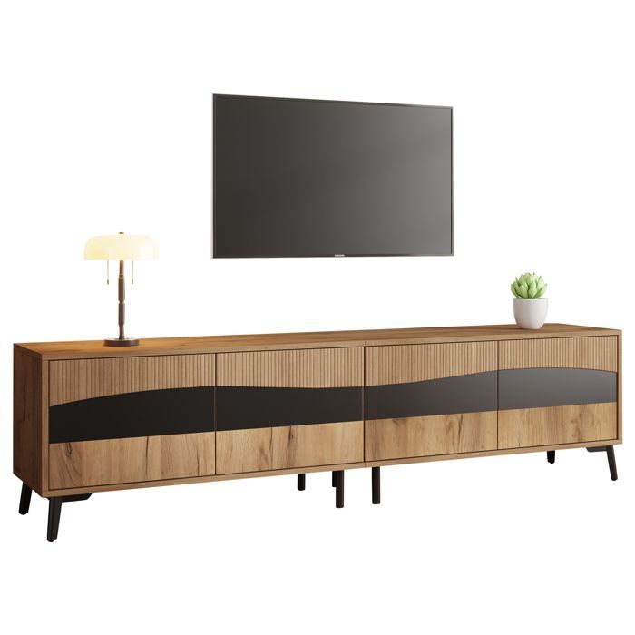 Mueble para TV - LEMONBEST - Mueble moderno para TV de salón - 180x40x50 cm - 4 puertas - Madera y negro