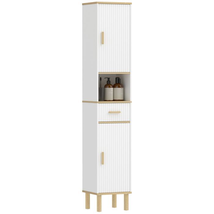 Mueble columna para baño - HOMCOM - 2 puertas, cajón, compartimento abierto y estante ajustable - madera - 31,5 x 29,7 x 171,5 cm - blanco